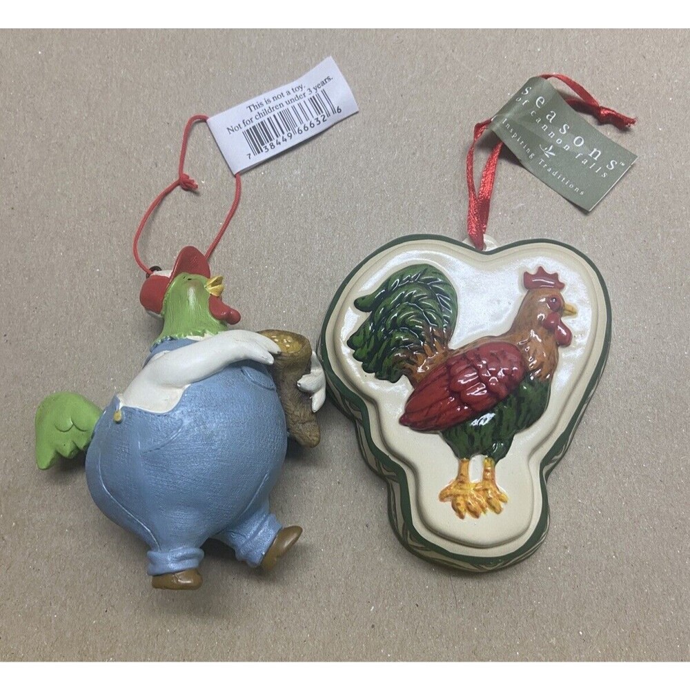 Midwest CBK Chicken Farmer with Feed & Cookie Mold Christmas Ornament Lot of 2